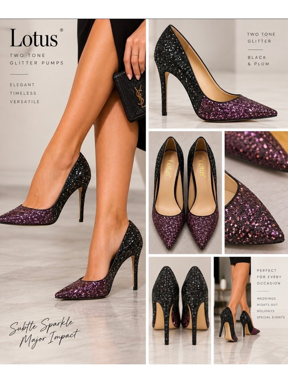 Lotus Women’s Size 9 Two Tone Black Purple Glitter Pointed Toe Stiletto Pumps